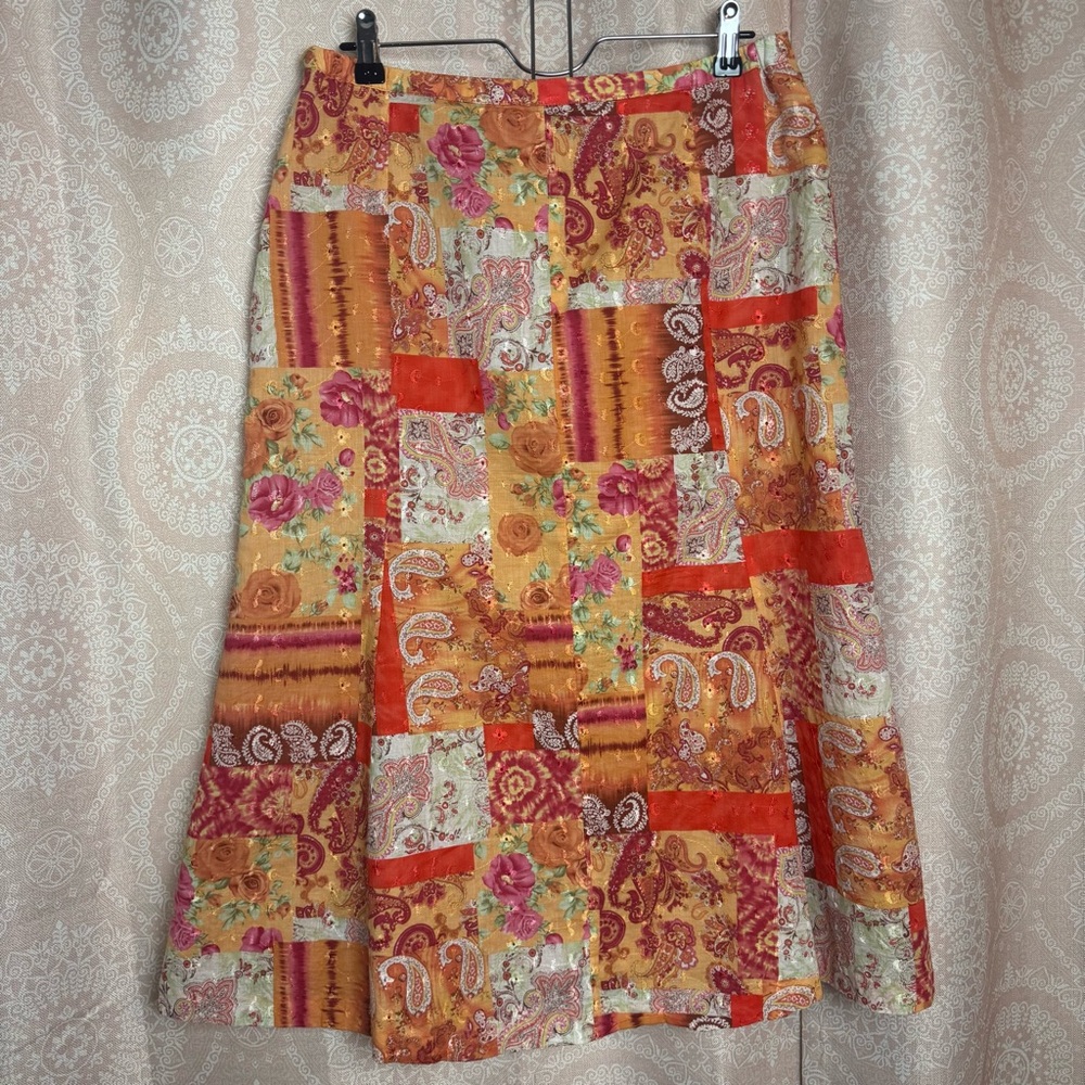 Christopher & Banks Orange Pink Floral Paisley Patchwork Fit Flare Midi Skirt 10